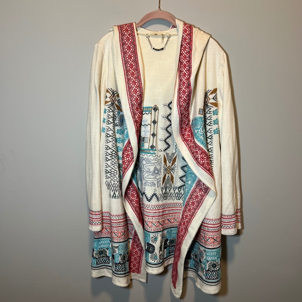 Paparazzi by BIZ Women Cream Cotton Embroidered Hooded Cardigan Sweater Med Boho